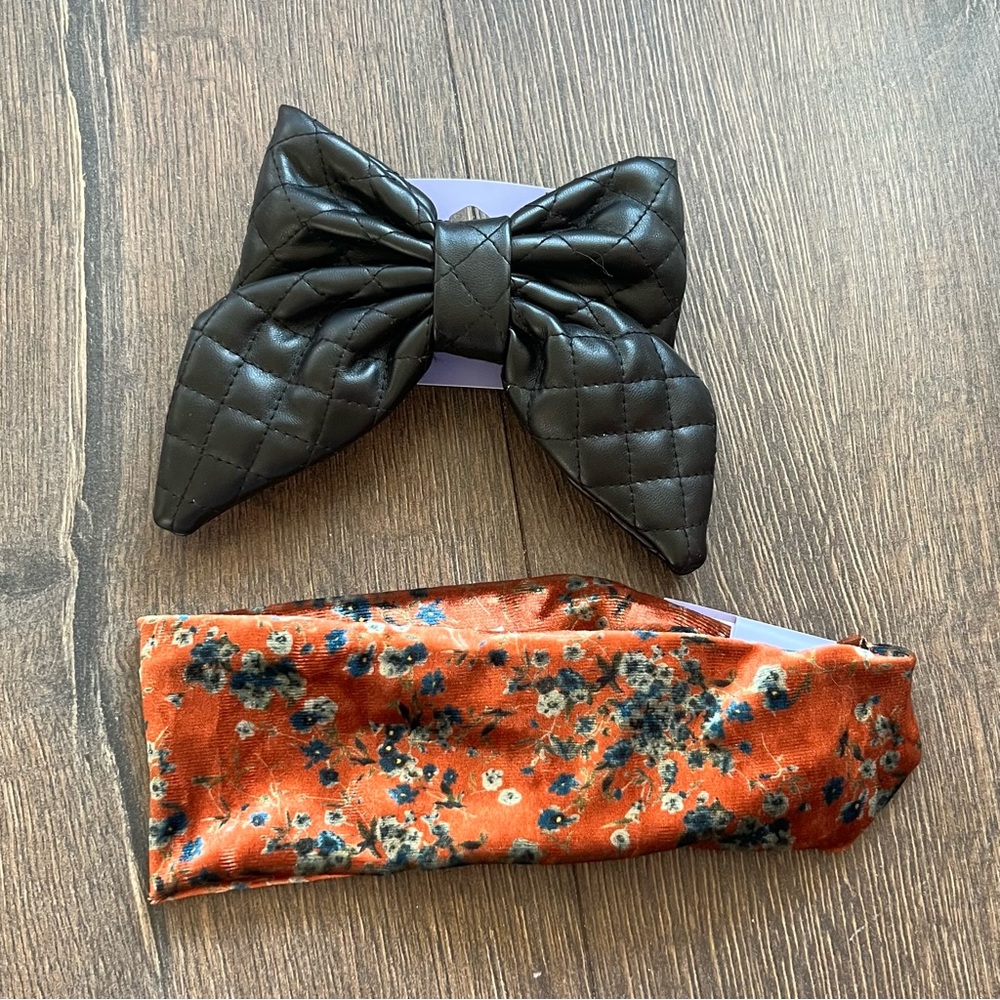 Brand New!Bundle of Black faux leather Quilted Bow clip & velvet Floral Headband